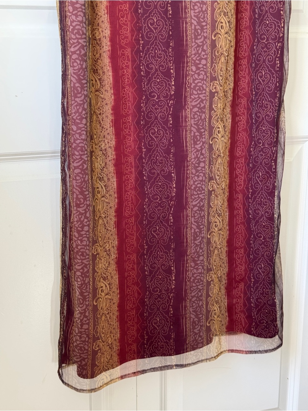 Vintage Y2K Boho Maxi Slip Dress Burgundy Gold Damask Scroll Stripe Mesh Size M - Picture 6 of 12